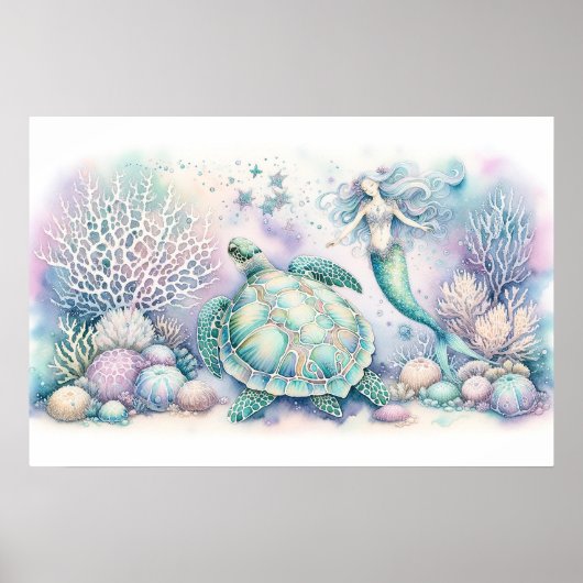 Poster Serene Sea Turtle et Mermaid Imprimer (Devant)