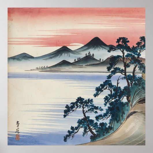 Poster Serene Seascape Sunset Vintage Aquarelle Peinture (Devant)