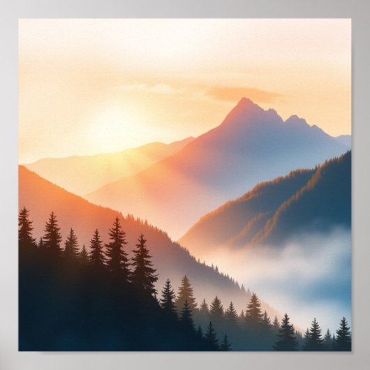 Poster Serene Watercolor Mountain Landscape Wall Art (Devant)
