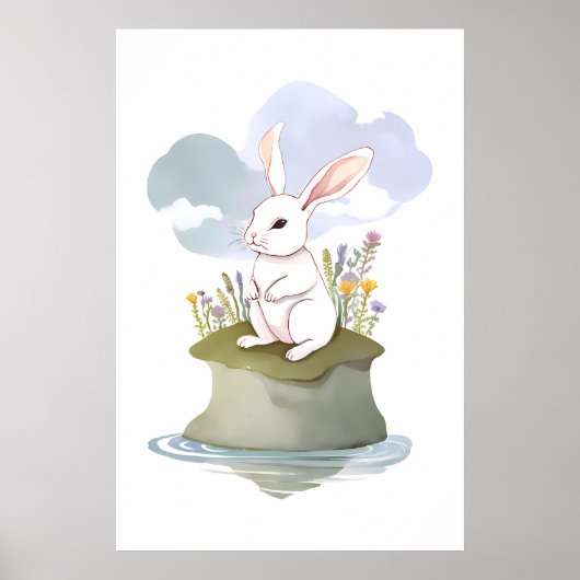 Poster Serene White Rabbit sur Meadow Island (Devant)