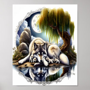 Poster Sérénité au Clair de Lune Un Loup Endormi 8x10