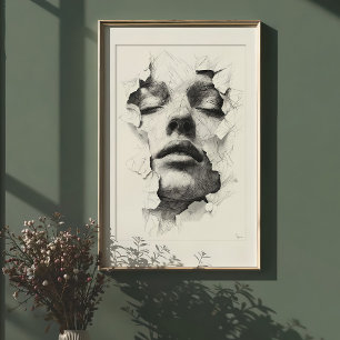 Poster Sérénité brisée : Visage d'art monochrome