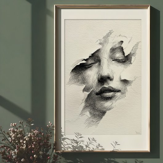 Poster Sérénité brisée : Visage monochrome complexe