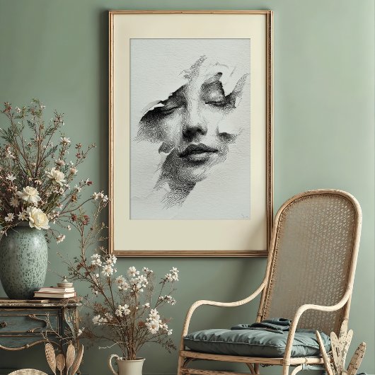 Poster Sérénité brisée : Visage monochrome complexe