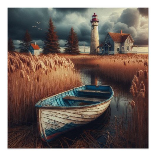 Poster Sérénité côtière : Phare et bateau à moteur (Devant)