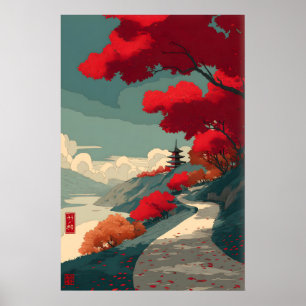Poster Sérénité dans l'art mural rouge - Chemin d'automne