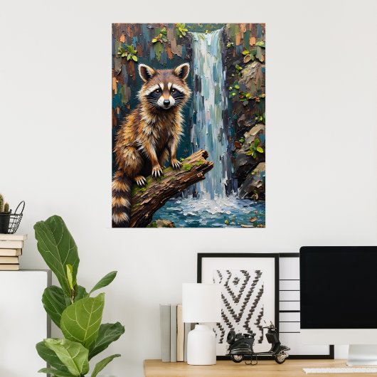 Poster Sérénité des bois : Raccoon près des chutes (Bureau à domicile)