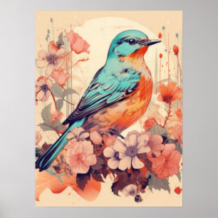 Poster Sérénité en fleurs : un oiseau chanteur dynamique