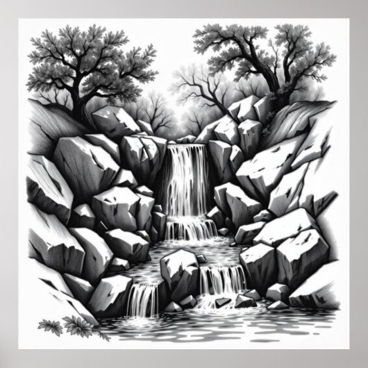 Poster Sérénité Falls : Cascade Charcoal Art (Devant)