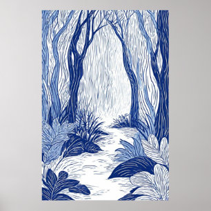 Poster Sérénité Woodland Path : Blue Line Art Forest