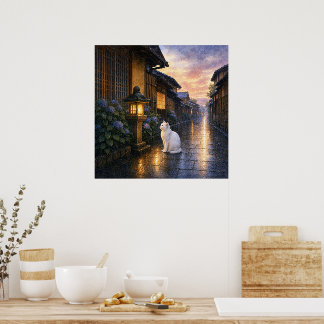 Poster series_2_10|Square Gazing Lantern White Cat Art