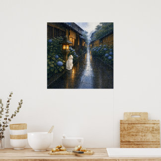 Poster series_2_2|Square Kyoto Lantern White Cat Art