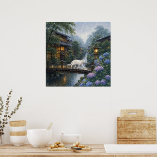 Poster series_2_6|Square Kyoto Bridge White Cat Art