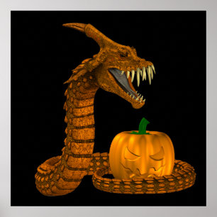 Poster Serpent D'Effroi Protégeant Un Citrouille