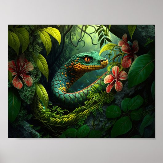 Poster Serpent vert dans la forêt pluviale (Devant)