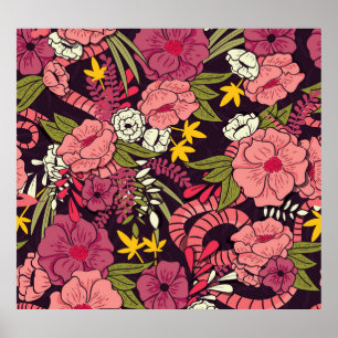 Poster Serpents de la jungle, fleurs tropicales, motif vi