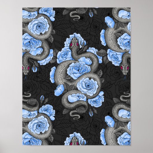 Poster Serpents et roses bleus (Devant)