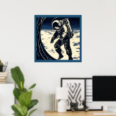 Poster SF - Astronaut sur Spacewalk Woodcut 3 (Bureau à domicile)