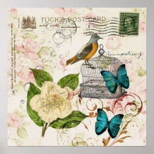 Poster shabby elegance camellia papillon d'oiseau françai