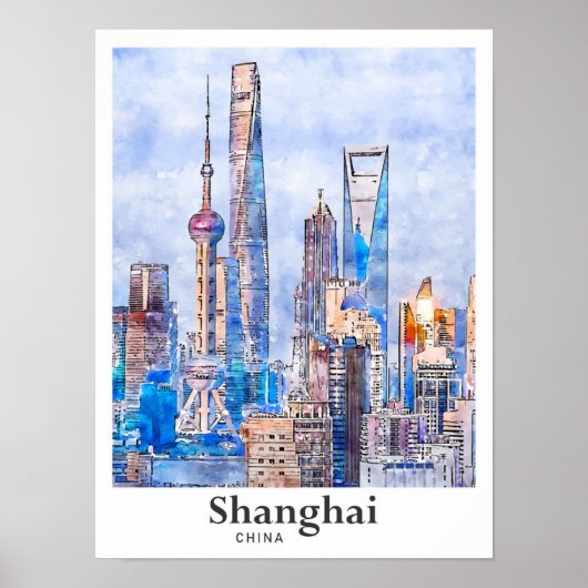 Poster Shanghai Chine Aquarelle Sketch Dessin Main (Devant)