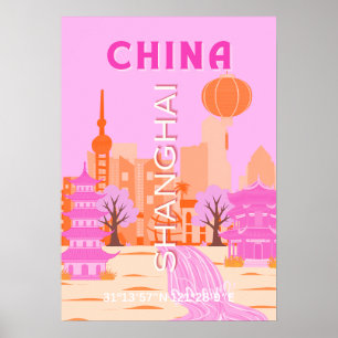 Poster Shanghai Chine Rose Voyage Art