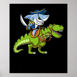 Poster Shark Pirate Riding A T-Rex Dinosaur Fantasy