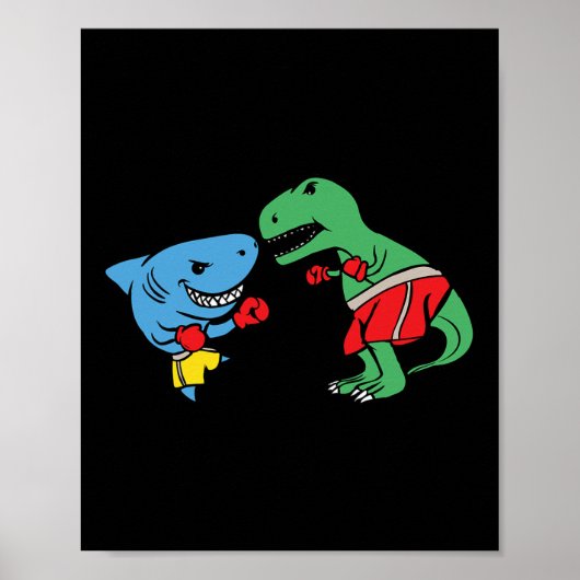 Poster Shark Punching T-rex Dinosaur Funny Fighting Boxin (Devant)