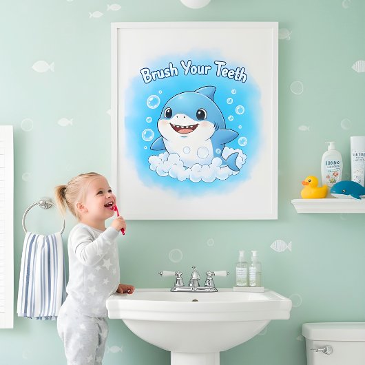 Poster Shark Splash Kids Bathroom Wall Art
