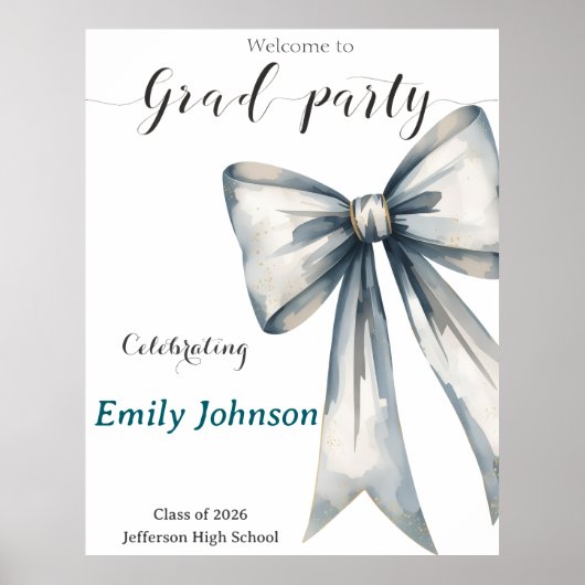 Poster She did it Graduation invitation Photo Blue Bow (Devant)
