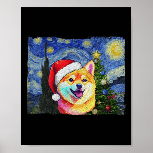 Poster Shiba Inu Santa Hat Noël Starry Night Art Chien