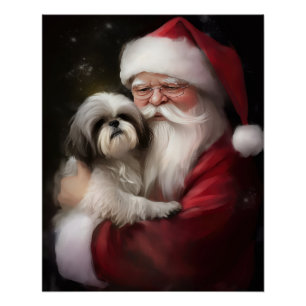 Poster Shih Tzu avec le Père Noël Festif Noël 
