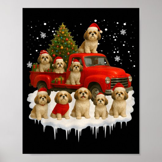 Poster Shih Tzu Dog Red Truck Christmas Tree Santa Ugly X (Devant)