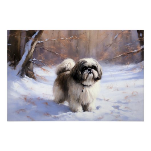 Poster Shih Tzu Laisse Neige Noël (Devant)