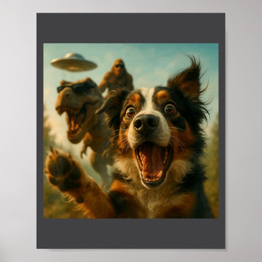 Poster Shocked Australian Shepherd Dog T-rex Bigfoot Ufo  (Devant)