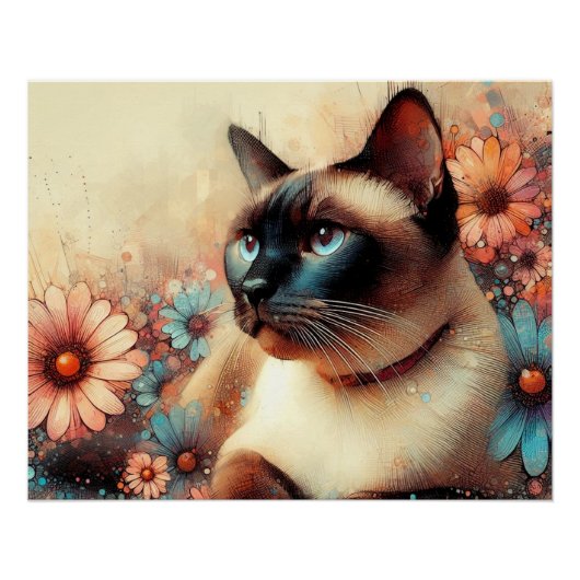 Poster siamese cat and flowers (Devant)