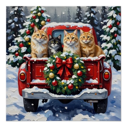 Poster Siberian Cat Christmas Red Truck Holiday (Devant)