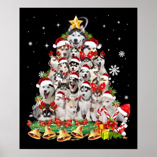 Poster Siberian husky christmas tree lights dog (Devant)