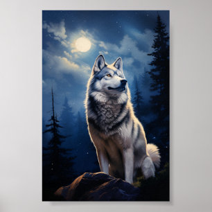 Poster Siberian Husky dans une nuit illuminée par la lune