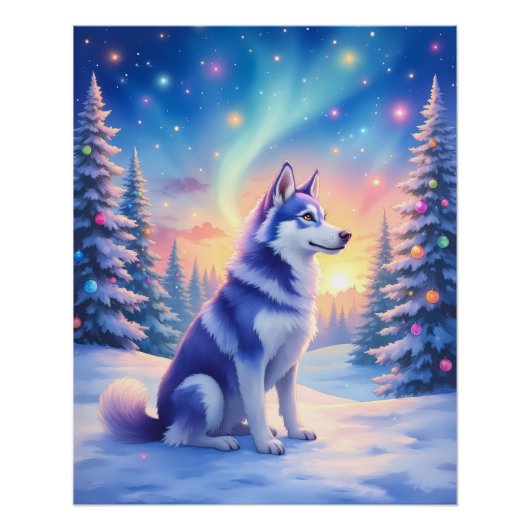 Poster Siberian Husky Northern Lights Christmas Winter (Devant)
