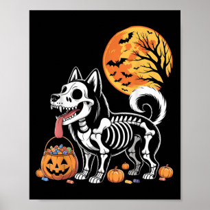 Poster Sibérie Husky Chien Skeleton Y Citrouille Moon Hal