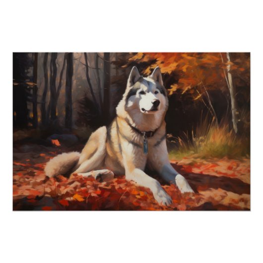 Poster Sibérie Husky en automne Feuilles automne Inspire (Devant)