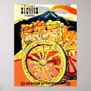 Poster Sicile, Italie, voiture pleine de fruits, vintage