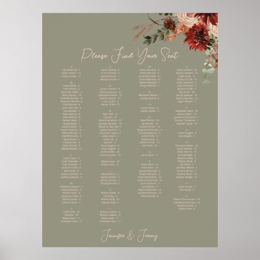 Poster Siège de mariage floral vert automne rustique boho (Devant)