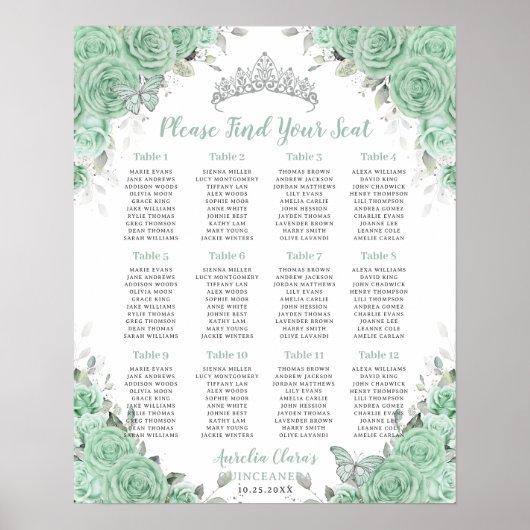 Poster Siège en argent de Quinceañera Mint Green Floral (Devant)
