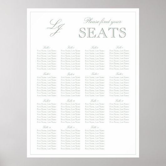 Poster Siège Mariage de script du Monogramme vert Sage mo (Devant)