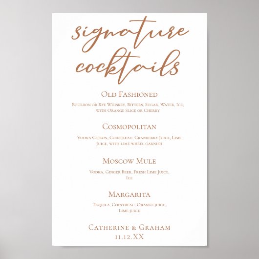 Poster Sienna Brown Mariage Signature Cocktails Menu (Devant)
