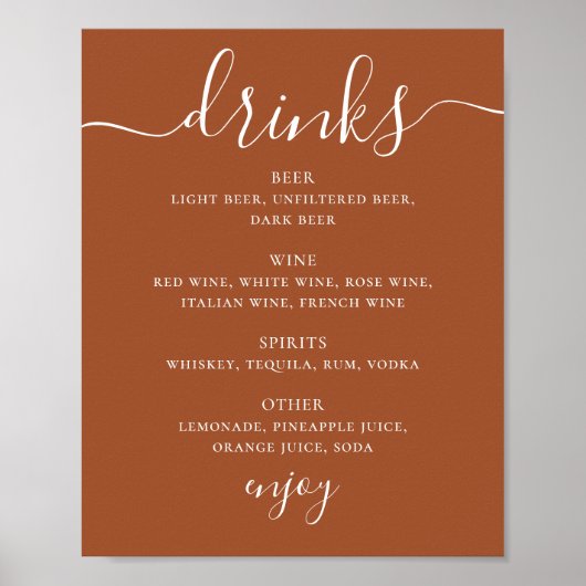 Poster Sienna Wedding Drinks Menu | Terracotta Bar Sign (Devant)
