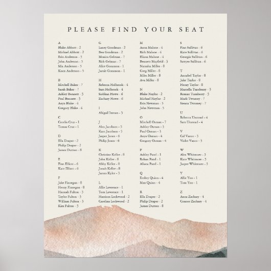 Poster Sierra Dusk | Alphabetical Wedding Seating Chart (Devant)