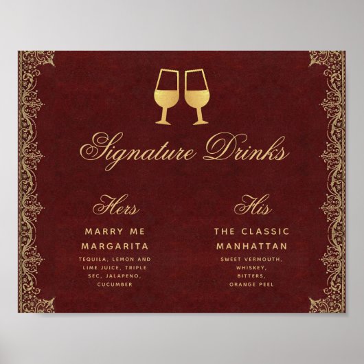 Poster Signature Boissons Burgundy or Script Mariage Sign (Devant)
