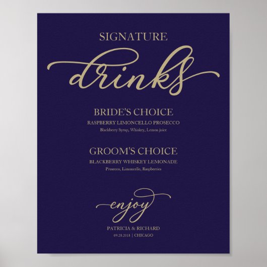 Poster Signature Boissons Chic Gold Script Marine Bleu (Devant)